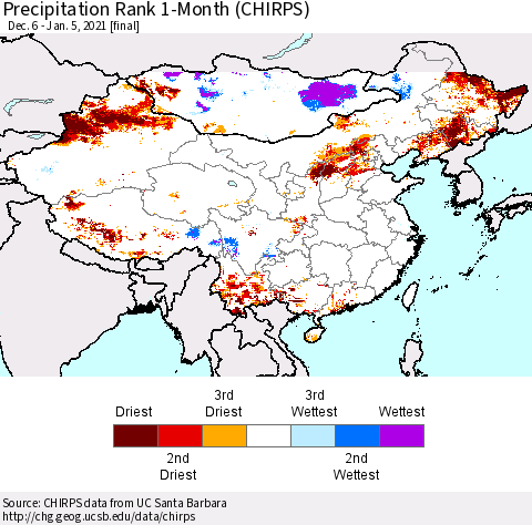 China, Mongolia and Taiwan Precipitation Rank since 1981, 1-Month (CHIRPS) Thematic Map For 12/6/2020 - 1/5/2021