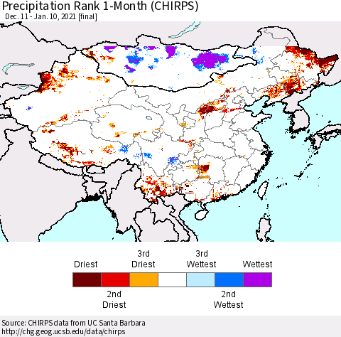 China, Mongolia and Taiwan Precipitation Rank since 1981, 1-Month (CHIRPS) Thematic Map For 12/11/2020 - 1/10/2021