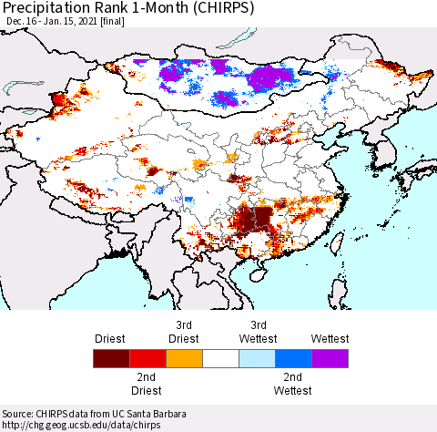 China, Mongolia and Taiwan Precipitation Rank since 1981, 1-Month (CHIRPS) Thematic Map For 12/16/2020 - 1/15/2021