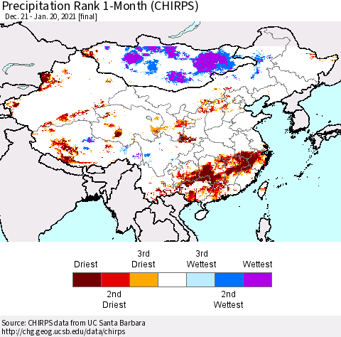 China, Mongolia and Taiwan Precipitation Rank since 1981, 1-Month (CHIRPS) Thematic Map For 12/21/2020 - 1/20/2021