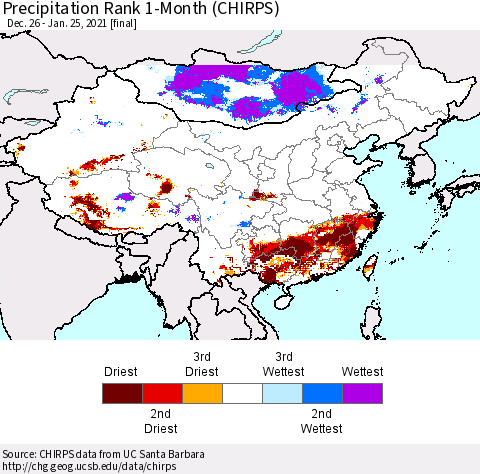 China, Mongolia and Taiwan Precipitation Rank since 1981, 1-Month (CHIRPS) Thematic Map For 12/26/2020 - 1/25/2021