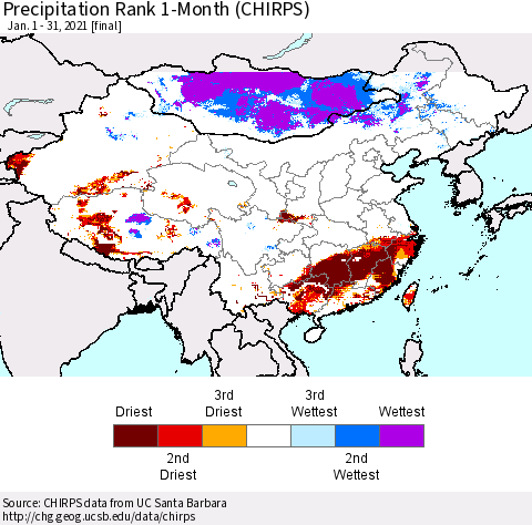 China, Mongolia and Taiwan Precipitation Rank since 1981, 1-Month (CHIRPS) Thematic Map For 1/1/2021 - 1/31/2021