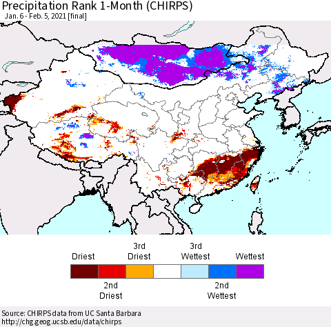 China, Mongolia and Taiwan Precipitation Rank since 1981, 1-Month (CHIRPS) Thematic Map For 1/6/2021 - 2/5/2021
