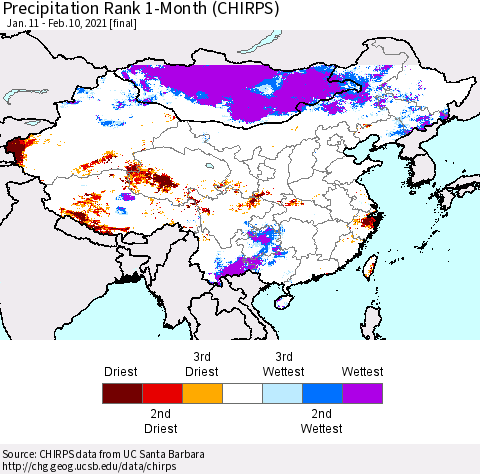China, Mongolia and Taiwan Precipitation Rank since 1981, 1-Month (CHIRPS) Thematic Map For 1/11/2021 - 2/10/2021