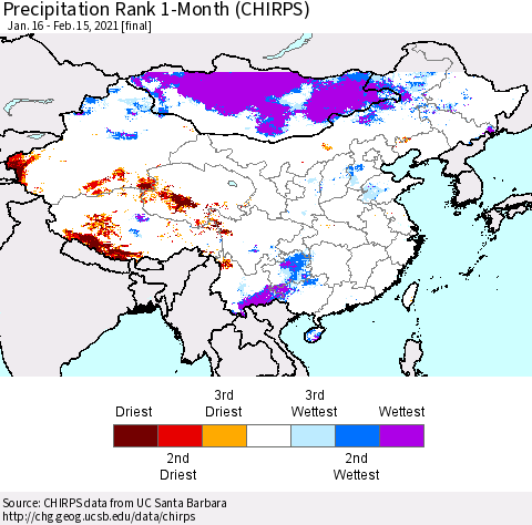 China, Mongolia and Taiwan Precipitation Rank since 1981, 1-Month (CHIRPS) Thematic Map For 1/16/2021 - 2/15/2021
