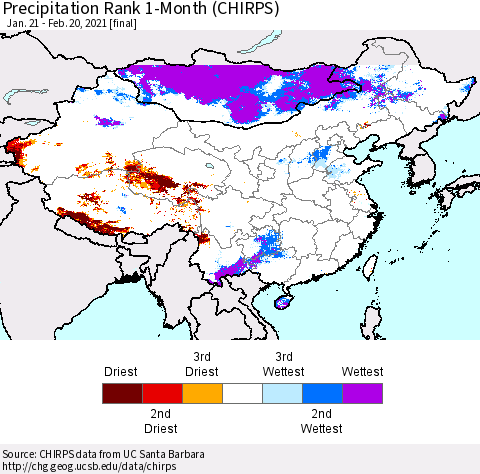 China, Mongolia and Taiwan Precipitation Rank since 1981, 1-Month (CHIRPS) Thematic Map For 1/21/2021 - 2/20/2021