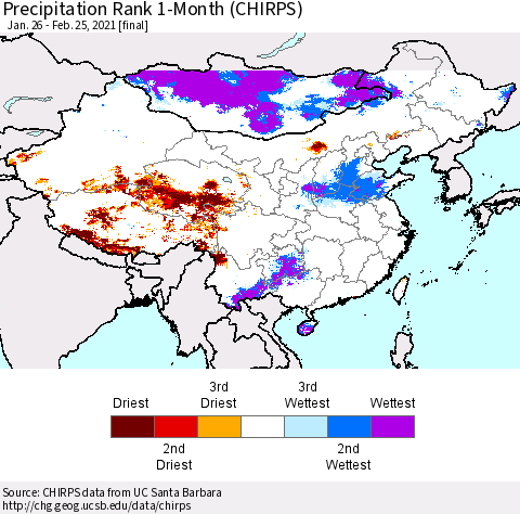 China, Mongolia and Taiwan Precipitation Rank since 1981, 1-Month (CHIRPS) Thematic Map For 1/26/2021 - 2/25/2021