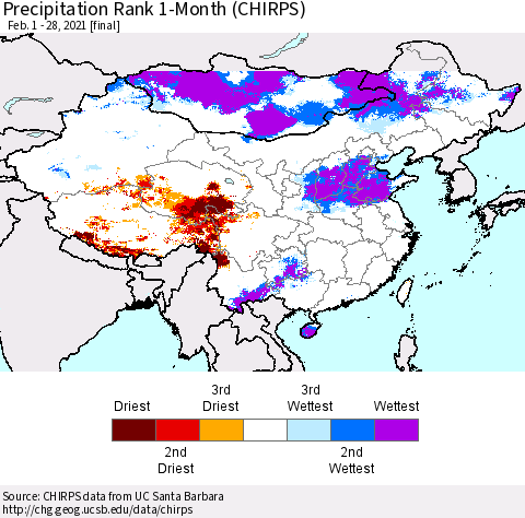 China, Mongolia and Taiwan Precipitation Rank since 1981, 1-Month (CHIRPS) Thematic Map For 2/1/2021 - 2/28/2021