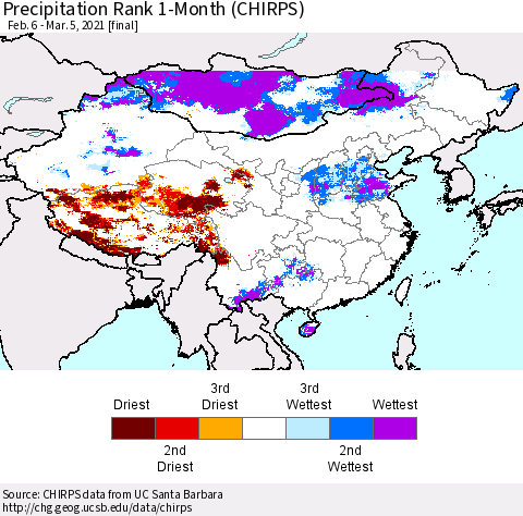 China, Mongolia and Taiwan Precipitation Rank since 1981, 1-Month (CHIRPS) Thematic Map For 2/6/2021 - 3/5/2021