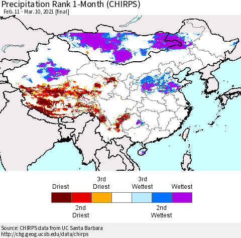 China, Mongolia and Taiwan Precipitation Rank since 1981, 1-Month (CHIRPS) Thematic Map For 2/11/2021 - 3/10/2021