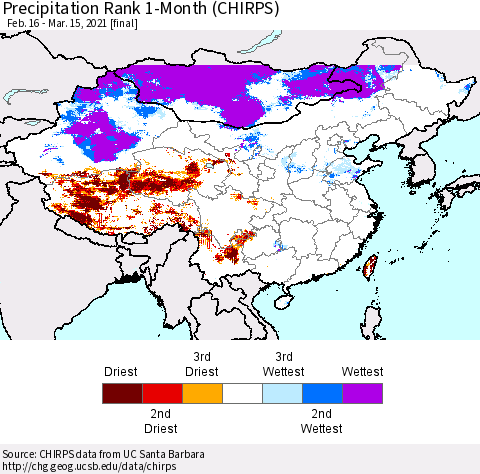 China, Mongolia and Taiwan Precipitation Rank since 1981, 1-Month (CHIRPS) Thematic Map For 2/16/2021 - 3/15/2021