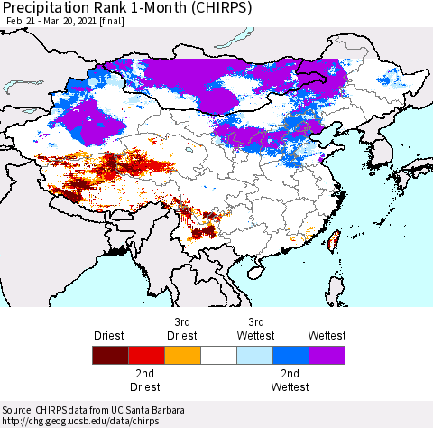 China, Mongolia and Taiwan Precipitation Rank since 1981, 1-Month (CHIRPS) Thematic Map For 2/21/2021 - 3/20/2021