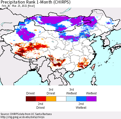 China, Mongolia and Taiwan Precipitation Rank since 1981, 1-Month (CHIRPS) Thematic Map For 2/26/2021 - 3/25/2021