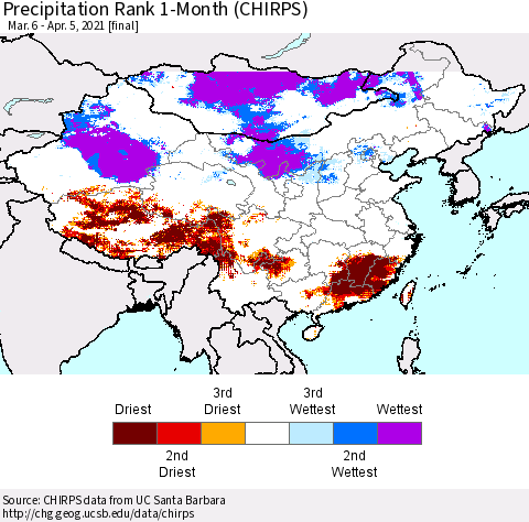 China, Mongolia and Taiwan Precipitation Rank since 1981, 1-Month (CHIRPS) Thematic Map For 3/6/2021 - 4/5/2021