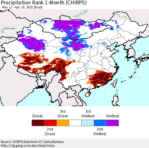 China, Mongolia and Taiwan Precipitation Rank since 1981, 1-Month (CHIRPS) Thematic Map For 3/11/2021 - 4/10/2021