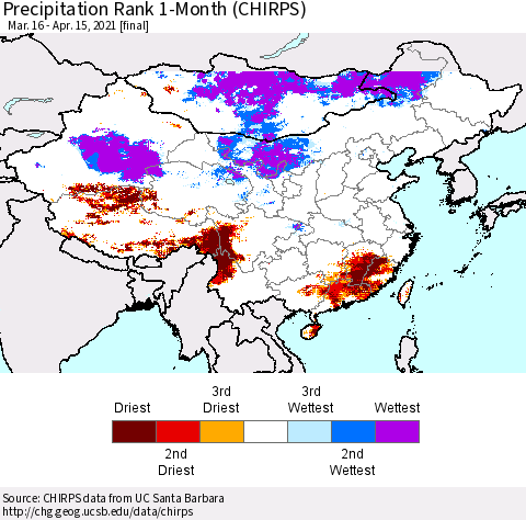 China, Mongolia and Taiwan Precipitation Rank since 1981, 1-Month (CHIRPS) Thematic Map For 3/16/2021 - 4/15/2021
