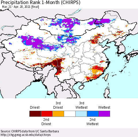 China, Mongolia and Taiwan Precipitation Rank since 1981, 1-Month (CHIRPS) Thematic Map For 3/21/2021 - 4/20/2021