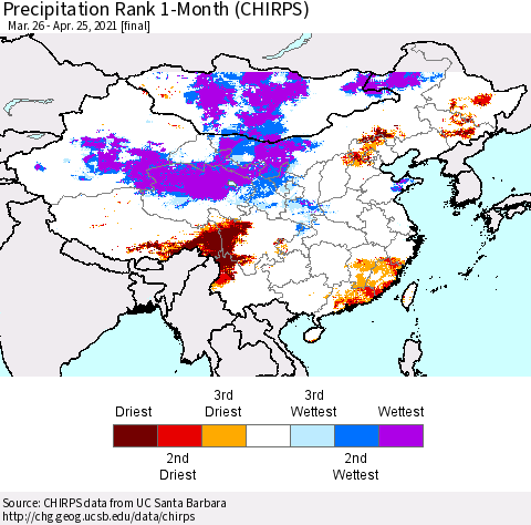China, Mongolia and Taiwan Precipitation Rank since 1981, 1-Month (CHIRPS) Thematic Map For 3/26/2021 - 4/25/2021