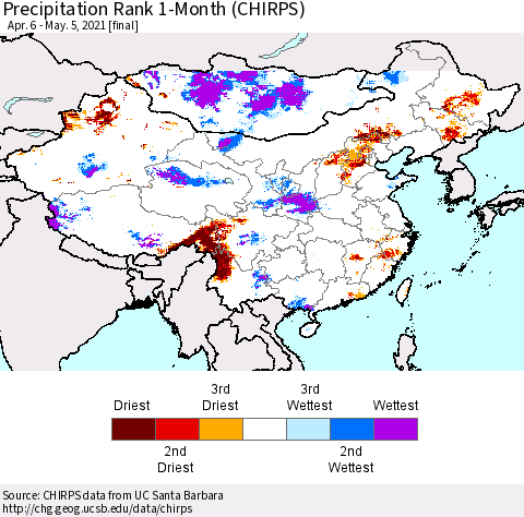 China, Mongolia and Taiwan Precipitation Rank since 1981, 1-Month (CHIRPS) Thematic Map For 4/6/2021 - 5/5/2021