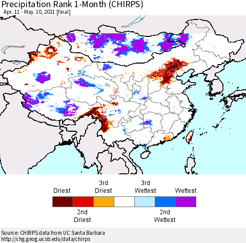 China, Mongolia and Taiwan Precipitation Rank since 1981, 1-Month (CHIRPS) Thematic Map For 4/11/2021 - 5/10/2021