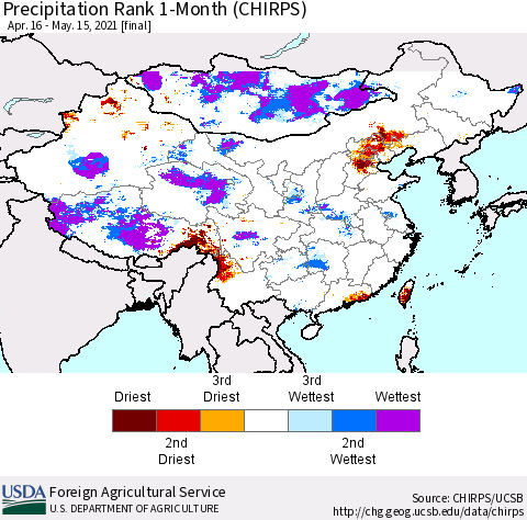 China, Mongolia and Taiwan Precipitation Rank since 1981, 1-Month (CHIRPS) Thematic Map For 4/16/2021 - 5/15/2021
