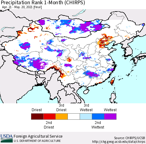 China, Mongolia and Taiwan Precipitation Rank since 1981, 1-Month (CHIRPS) Thematic Map For 4/21/2021 - 5/20/2021