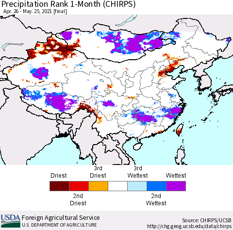 China, Mongolia and Taiwan Precipitation Rank since 1981, 1-Month (CHIRPS) Thematic Map For 4/26/2021 - 5/25/2021