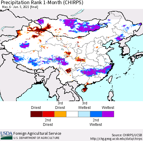 China, Mongolia and Taiwan Precipitation Rank since 1981, 1-Month (CHIRPS) Thematic Map For 5/6/2021 - 6/5/2021
