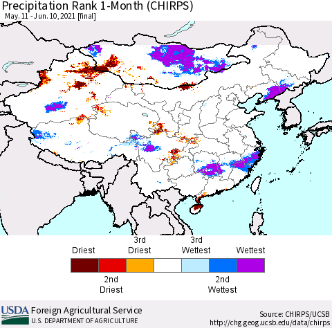 China, Mongolia and Taiwan Precipitation Rank since 1981, 1-Month (CHIRPS) Thematic Map For 5/11/2021 - 6/10/2021