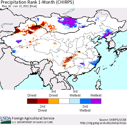 China, Mongolia and Taiwan Precipitation Rank since 1981, 1-Month (CHIRPS) Thematic Map For 5/16/2021 - 6/15/2021