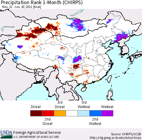 China, Mongolia and Taiwan Precipitation Rank since 1981, 1-Month (CHIRPS) Thematic Map For 5/21/2021 - 6/20/2021