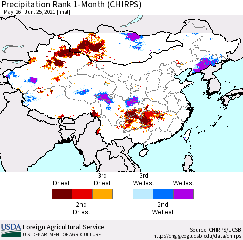 China, Mongolia and Taiwan Precipitation Rank since 1981, 1-Month (CHIRPS) Thematic Map For 5/26/2021 - 6/25/2021