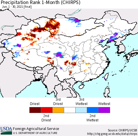 China, Mongolia and Taiwan Precipitation Rank since 1981, 1-Month (CHIRPS) Thematic Map For 6/1/2021 - 6/30/2021
