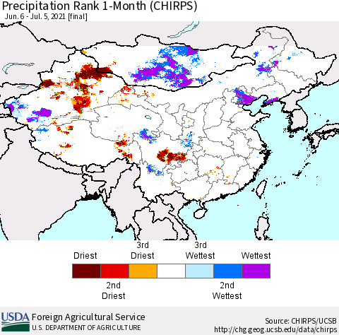 China, Mongolia and Taiwan Precipitation Rank since 1981, 1-Month (CHIRPS) Thematic Map For 6/6/2021 - 7/5/2021