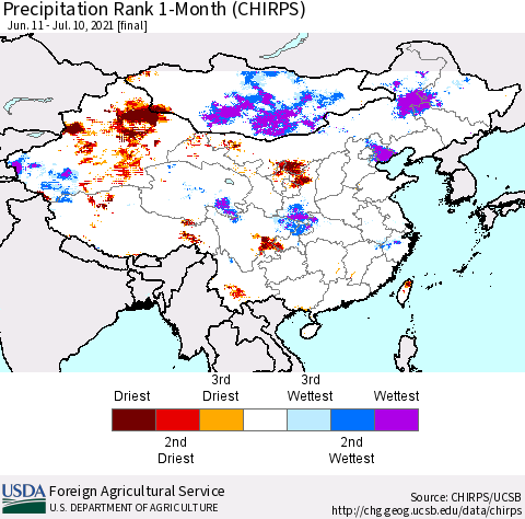 China, Mongolia and Taiwan Precipitation Rank since 1981, 1-Month (CHIRPS) Thematic Map For 6/11/2021 - 7/10/2021