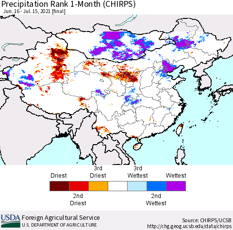 China, Mongolia and Taiwan Precipitation Rank since 1981, 1-Month (CHIRPS) Thematic Map For 6/16/2021 - 7/15/2021