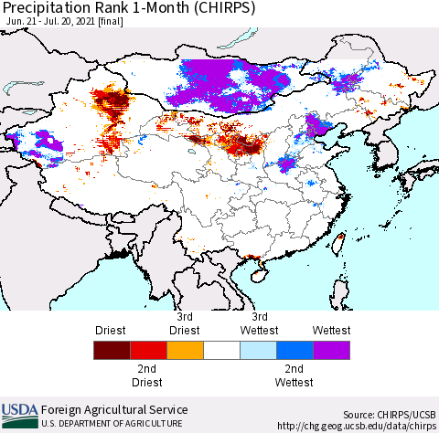 China, Mongolia and Taiwan Precipitation Rank since 1981, 1-Month (CHIRPS) Thematic Map For 6/21/2021 - 7/20/2021