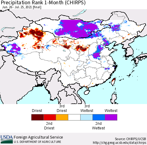 China, Mongolia and Taiwan Precipitation Rank since 1981, 1-Month (CHIRPS) Thematic Map For 6/26/2021 - 7/25/2021