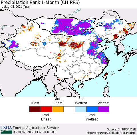 China, Mongolia and Taiwan Precipitation Rank since 1981, 1-Month (CHIRPS) Thematic Map For 7/1/2021 - 7/31/2021