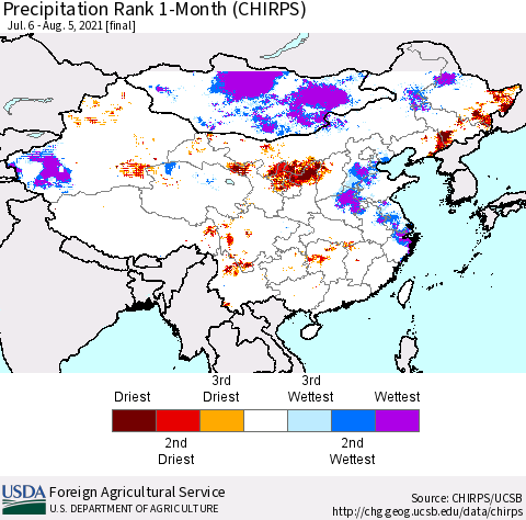 China, Mongolia and Taiwan Precipitation Rank since 1981, 1-Month (CHIRPS) Thematic Map For 7/6/2021 - 8/5/2021