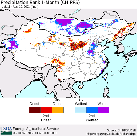 China, Mongolia and Taiwan Precipitation Rank since 1981, 1-Month (CHIRPS) Thematic Map For 7/11/2021 - 8/10/2021