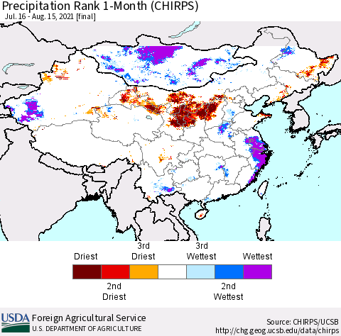 China, Mongolia and Taiwan Precipitation Rank since 1981, 1-Month (CHIRPS) Thematic Map For 7/16/2021 - 8/15/2021