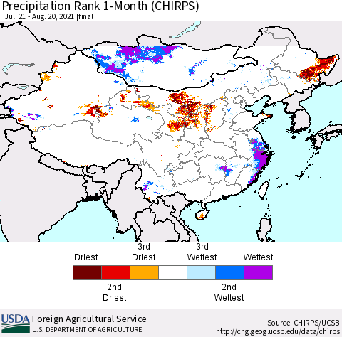 China, Mongolia and Taiwan Precipitation Rank since 1981, 1-Month (CHIRPS) Thematic Map For 7/21/2021 - 8/20/2021