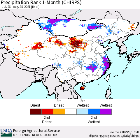 China, Mongolia and Taiwan Precipitation Rank since 1981, 1-Month (CHIRPS) Thematic Map For 7/26/2021 - 8/25/2021