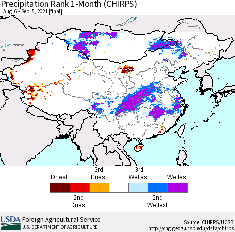 China, Mongolia and Taiwan Precipitation Rank since 1981, 1-Month (CHIRPS) Thematic Map For 8/6/2021 - 9/5/2021