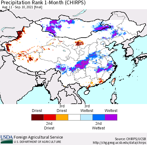 China, Mongolia and Taiwan Precipitation Rank since 1981, 1-Month (CHIRPS) Thematic Map For 8/11/2021 - 9/10/2021