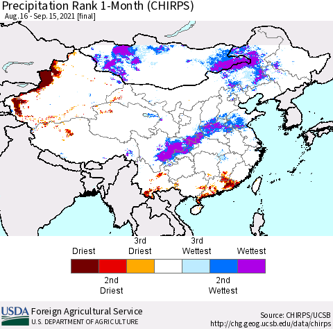 China, Mongolia and Taiwan Precipitation Rank since 1981, 1-Month (CHIRPS) Thematic Map For 8/16/2021 - 9/15/2021