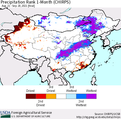 China, Mongolia and Taiwan Precipitation Rank since 1981, 1-Month (CHIRPS) Thematic Map For 8/21/2021 - 9/20/2021