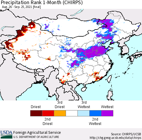 China, Mongolia and Taiwan Precipitation Rank since 1981, 1-Month (CHIRPS) Thematic Map For 8/26/2021 - 9/25/2021