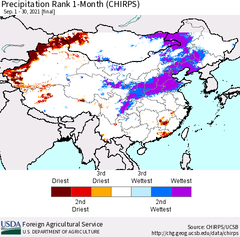 China, Mongolia and Taiwan Precipitation Rank since 1981, 1-Month (CHIRPS) Thematic Map For 9/1/2021 - 9/30/2021